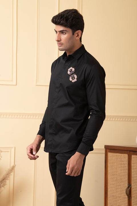 Flor β Black Hand Embroidered Giza Cotton Shirt