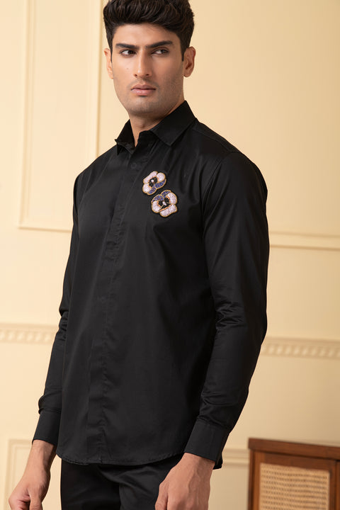 Flor β Black Hand Embroidered Giza Cotton Shirt