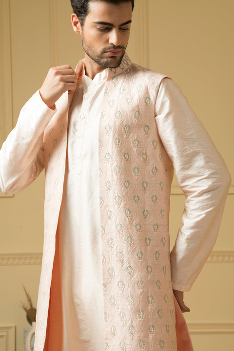 Mayaflor β Light Pink Embroidered Semi Raw Silk Indo-Western