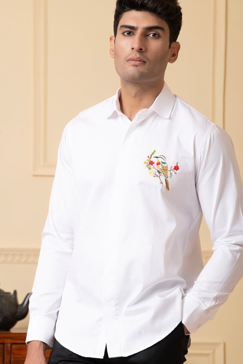 Aves — White Thread Embroidered Giza Cotton Shirt