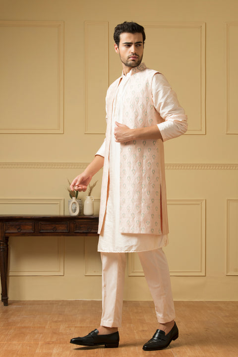 Mayaflor β Light Pink Embroidered Semi Raw Silk Indo-Western