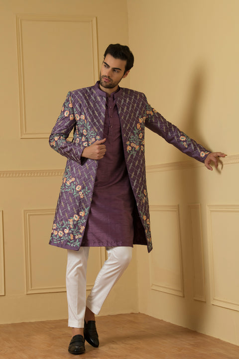 Sueno β Purple Heavy Zari Embroidered Semi Raw Silk Open Indo-Western