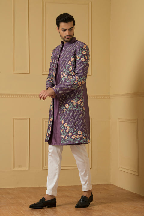 Sueno β Purple Heavy Zari Embroidered Semi Raw Silk Open Indo-Western