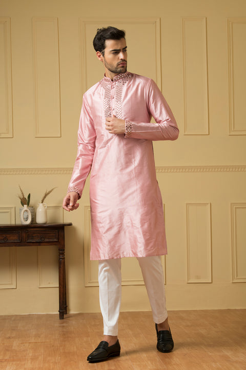 Elegencia — Pink Hand Mirror Embroidered Dupion Silk Kurta