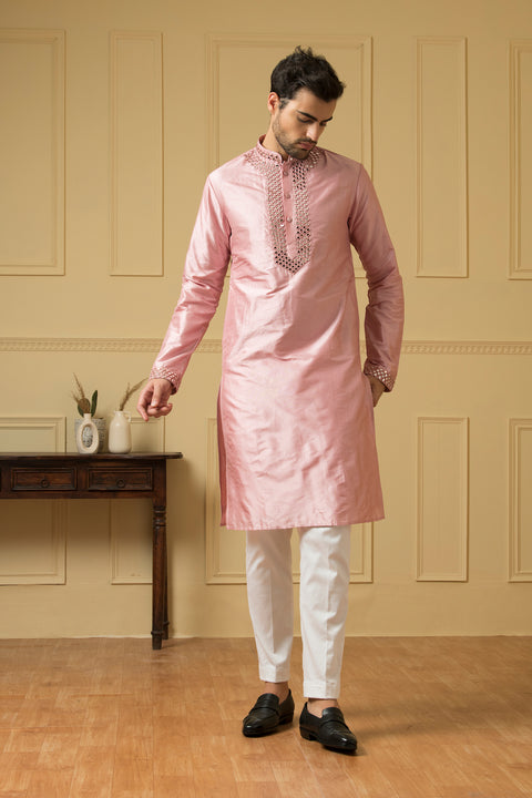 Elegencia β Pink Hand Mirror Embroidered Dupion Silk Kurta