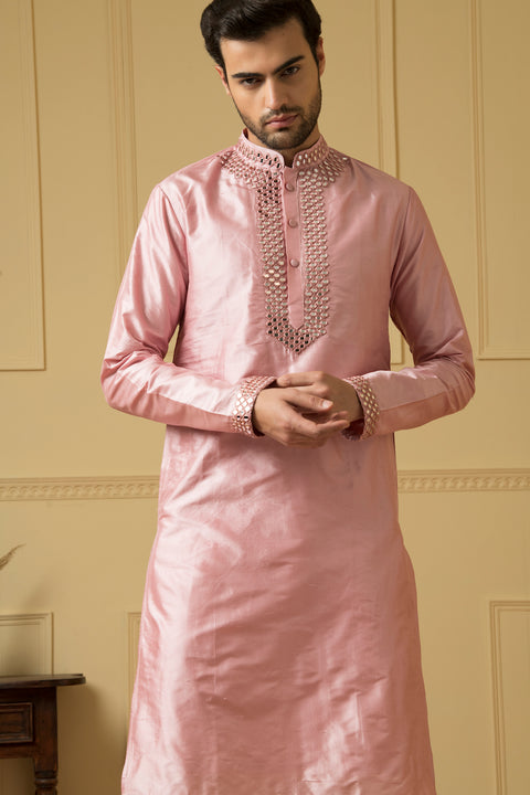 Elegencia — Pink Hand Mirror Embroidered Dupion Silk Kurta