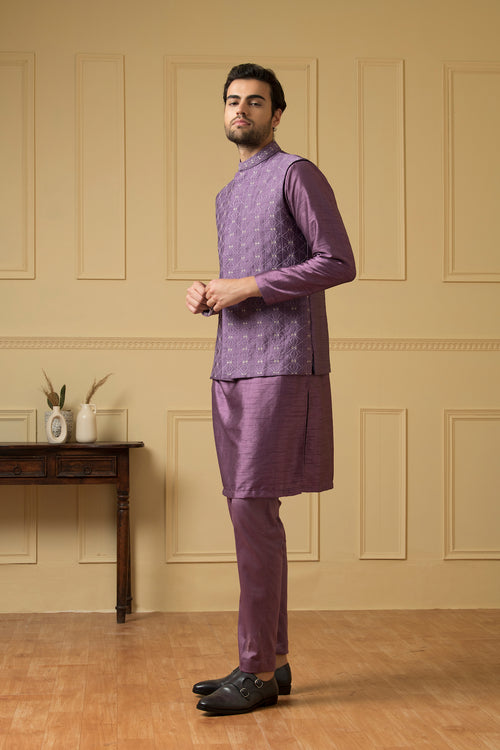 Sombra — Purple Thread Embroidered Semi Raw Silk Nehru Jacket