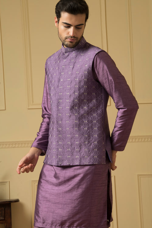 Sombra — Purple Thread Embroidered Semi Raw Silk Nehru Jacket