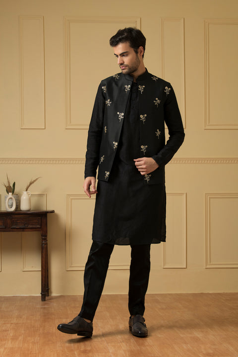 Intenso — Black Hand Embroidered Dupion Silk Indo-Western Jacket