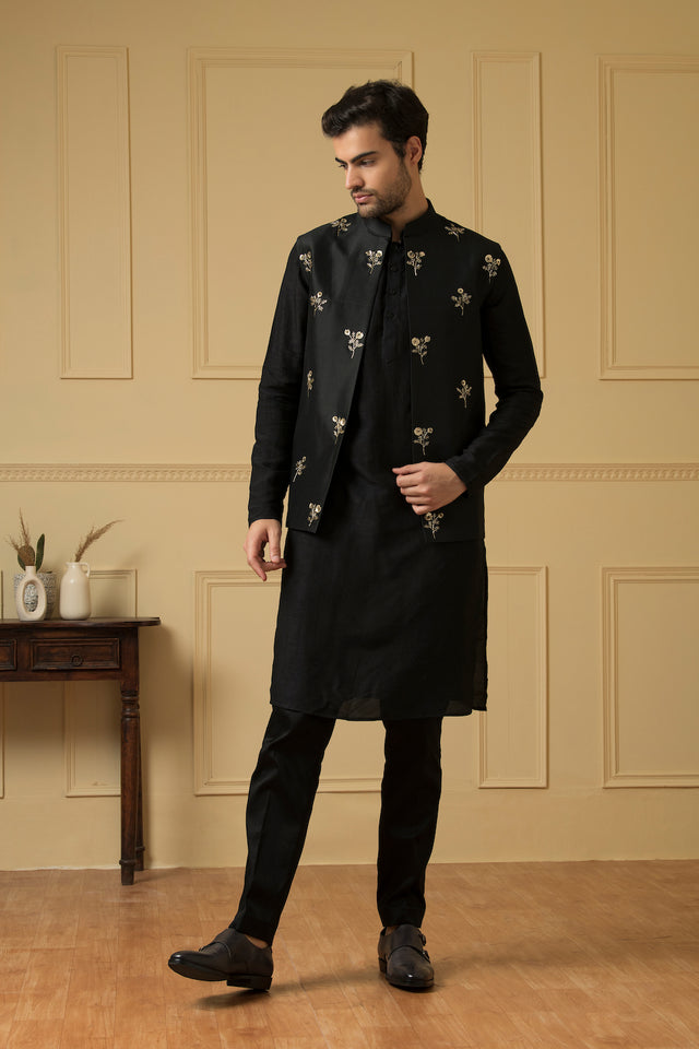 Intenso — Black Hand Embroidered Dupion Silk Indo-Western Jacket