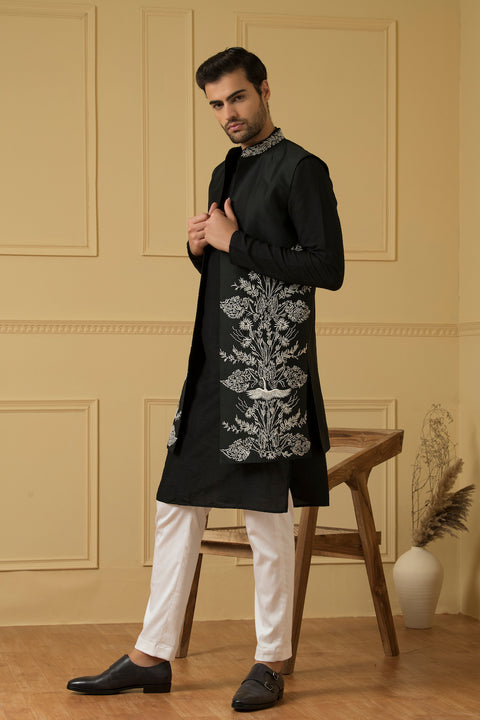 Alegre β Black Silver Zari Embroidered Dupion Silk Indo-Western Jacket
