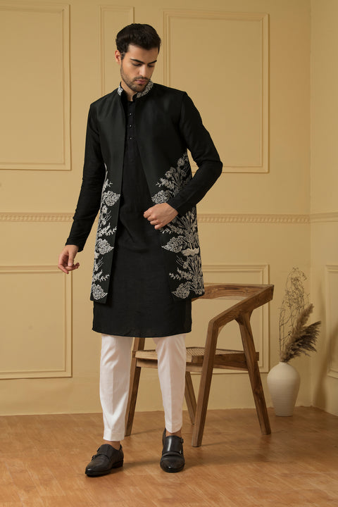 Alegre — Black Silver Zari Embroidered Dupion Silk Indo-Western Jacket