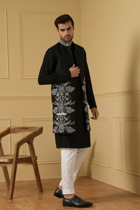 Alegre β Black Silver Zari Embroidered Dupion Silk Indo-Western Jacket