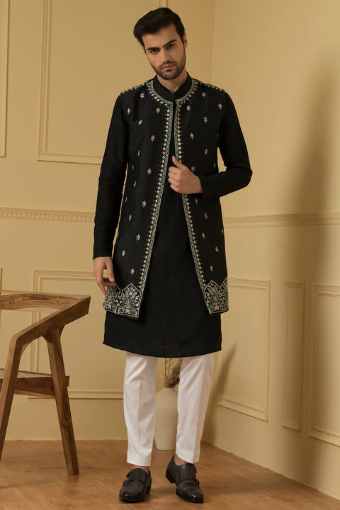 Deseo β Black Thread Embroidered Dupion Silk Indo-Western Jacket