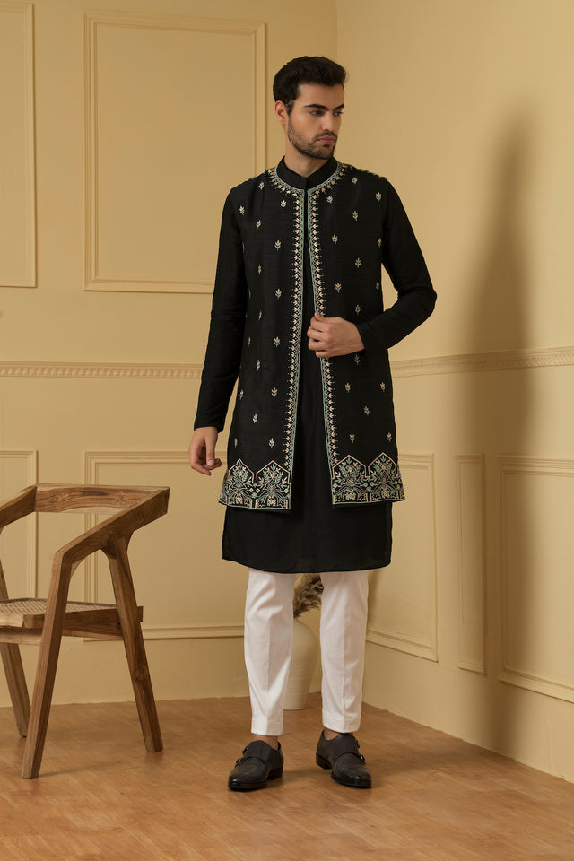 Deseo — Black Thread Embroidered Dupion Silk Indo-Western Jacket
