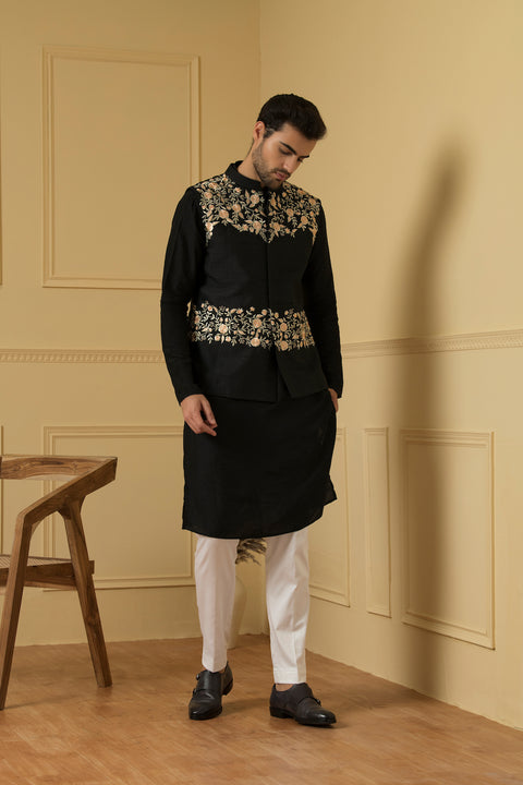Sereno — Black Thread Embroidered Semi Raw Silk Nehru Jacket
