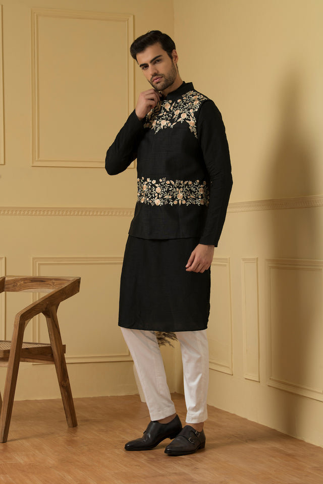 Sereno — Black Thread Embroidered Semi Raw Silk Nehru Jacket