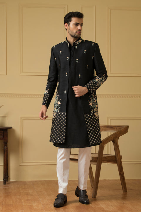 Estrella — Black Thread Embroidered Semi Raw Silk Indo-Western Jacket