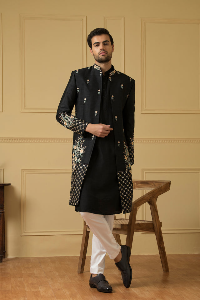 Estrella — Black Thread Embroidered Semi Raw Silk Indo-Western Jacket