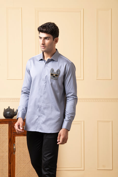 Amigo — Grey Hand Embroidered Giza Cotton Shirt
