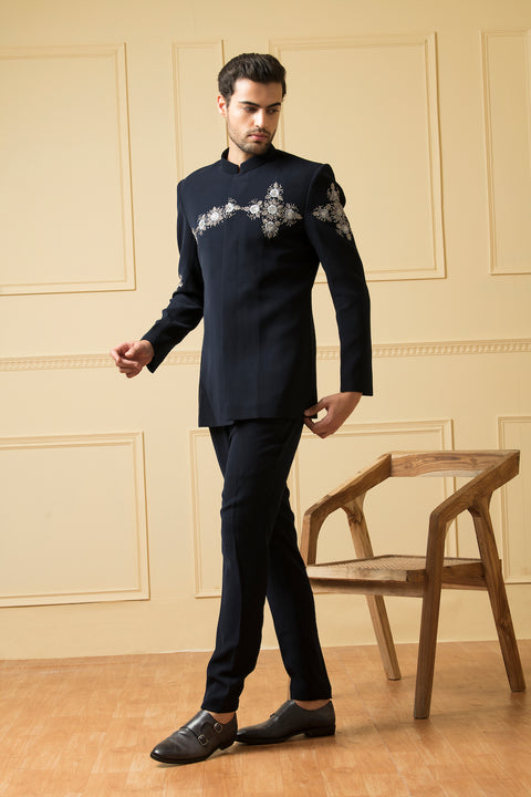 Noble — Greyish Blue Zardosi Embroidered British Fabric Bandhgala