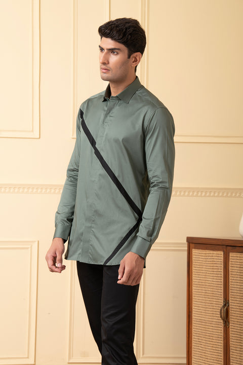 Viridian — Olive Green V-Strip Giza Cotton Shirt