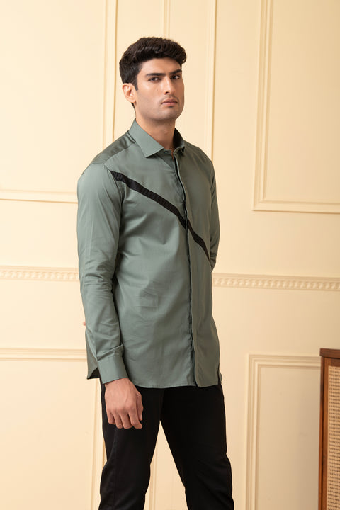 Viridian — Olive Green V-Strip Giza Cotton Shirt