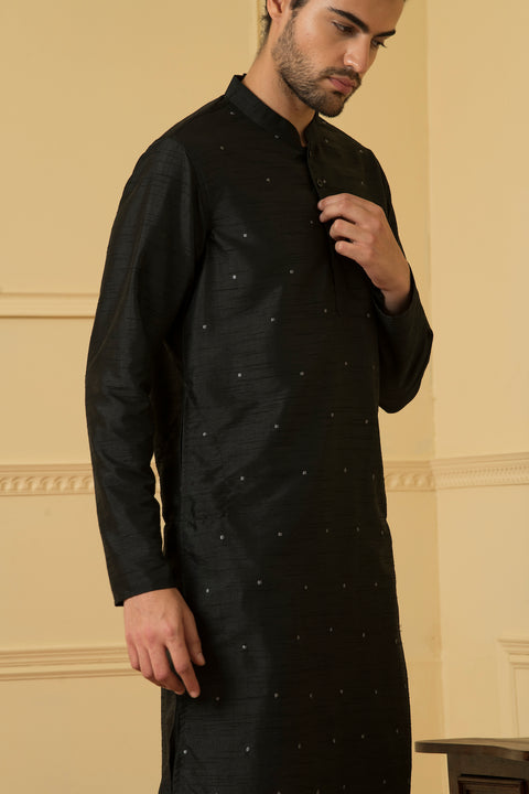 Estilo — Black Embroidered Semi Raw Silk Kurta