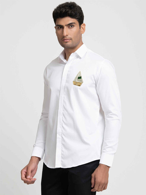 Canoe — White Hand Embroidered Giza Cotton Shirt