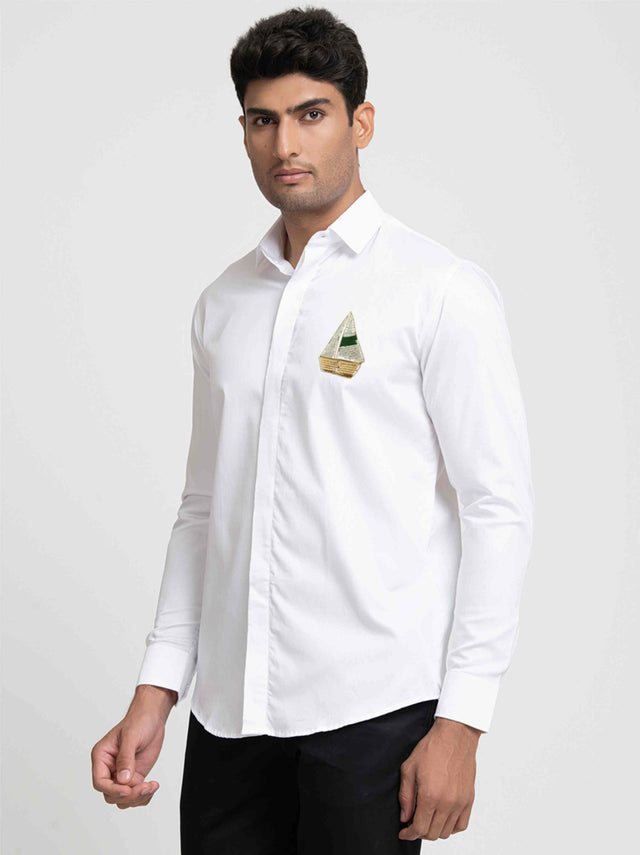 Canoe — White Hand Embroidered Giza Cotton Shirt