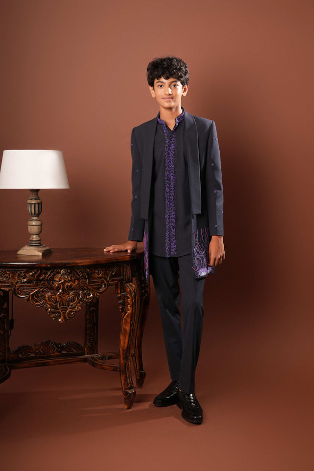 Tesoro — Blue Coral-Reef Embroidered 4-Way Stretch Indo-Western Set