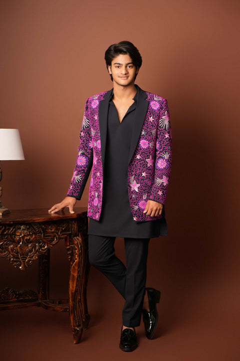 Atun β Blue Coral-Reef Embroidered 4-Way Stretch Indo-Western Set