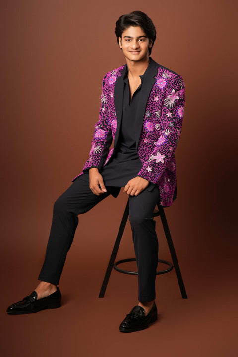 Atun β Blue Coral-Reef Embroidered 4-Way Stretch Indo-Western Set