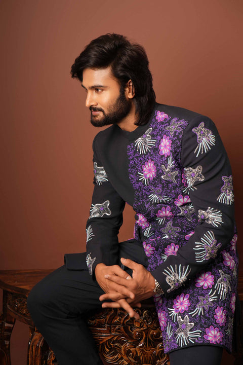 Zafiro — Blue Coral-Reef Embroidered 4-Way Stretch Indo-Western Set