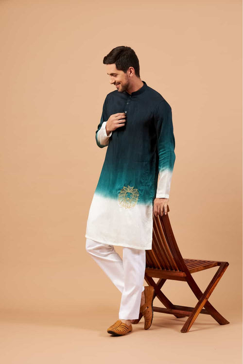 Green ombre falling raw silk kurta with golden lion embroidery — Leonine by HILO DESIGN