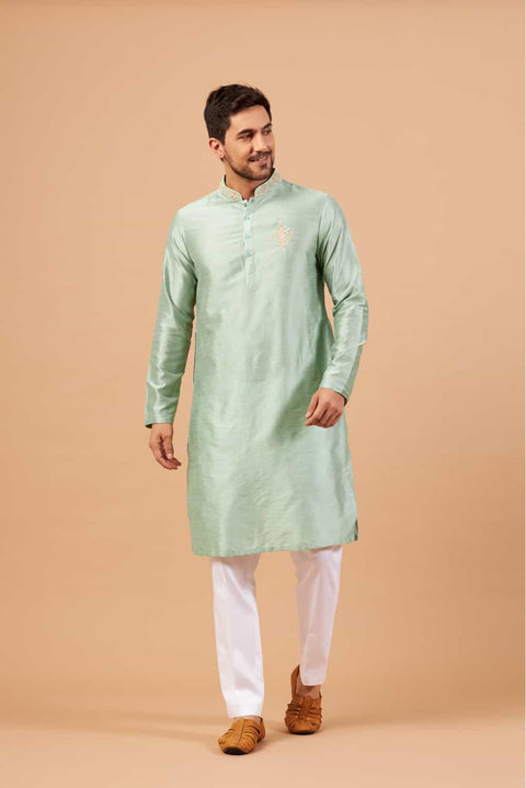 Amil β Pastel Green Embroidered Falling Raw Silk Kurta