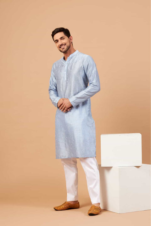 Viva Dot β Sky Blue Embroidered Falling Raw Silk Kurta