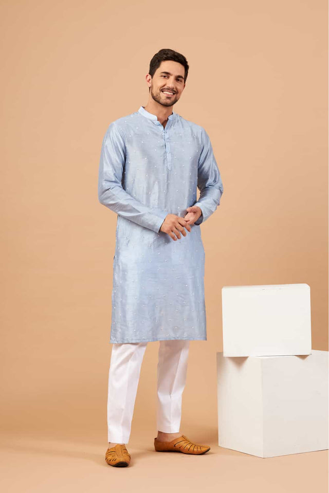 Viva Dot — Sky Blue Embroidered Falling Raw Silk Kurta