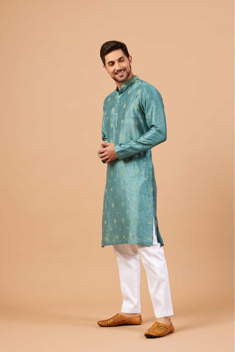Greafy β Teal Embroidered Falling Raw Silk Kurta