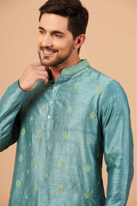 Greafy β Teal Embroidered Semi Raw Silk Kurta