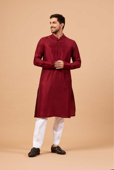 Maroon Plain — Falling Raw Silk Kurta