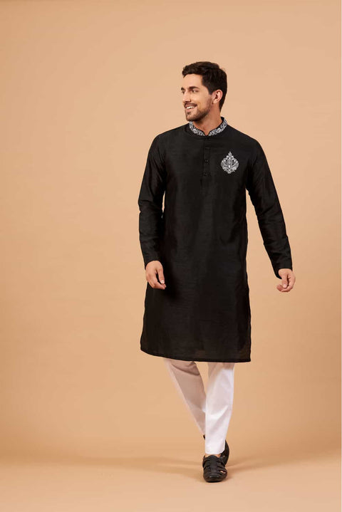 Amyr β Black Embroidered Falling Raw Silk Kurta