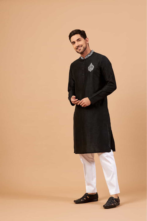 Amyr β Black Embroidered Falling Raw Silk Kurta