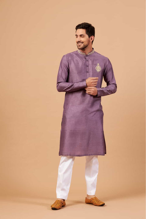 Inara β Violet Embroidered Falling Raw Silk Kurta