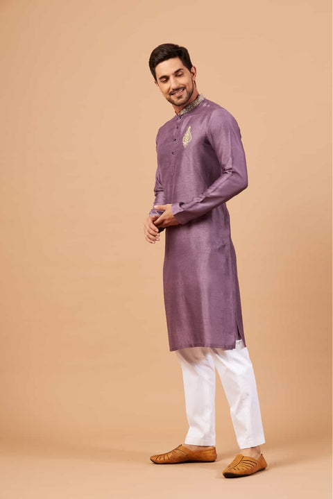 Inara β Violet Embroidered Falling Raw Silk Kurta
