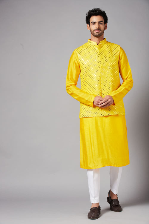 Yellot — Yellow Thread Embroidered Georgette Nehru Jacket