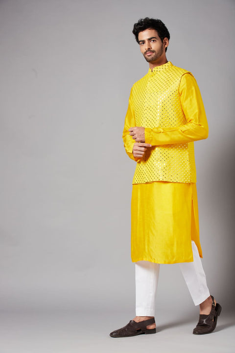 Yellot — Yellow Thread Embroidered Georgette Nehru Jacket