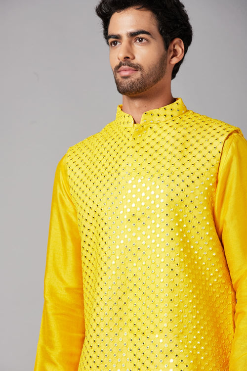 Yellot — Yellow Thread Embroidered Georgette Nehru Jacket