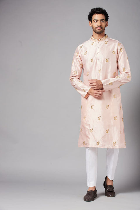 Krusos — Peach Hand Embroidered Dupion Silk Kurta