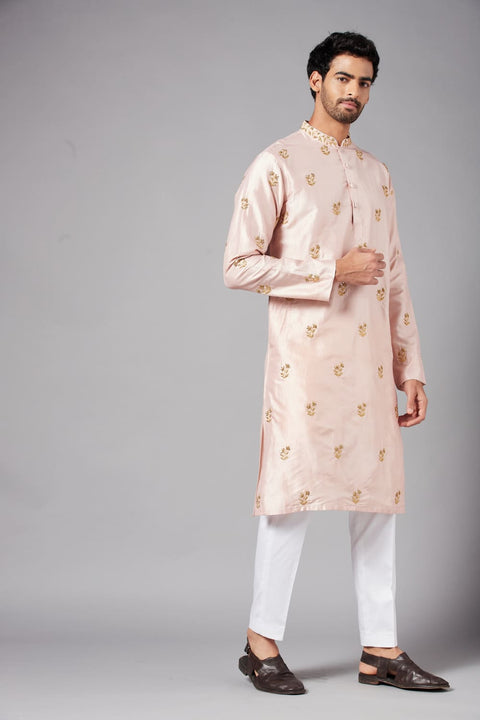 Krusos β Peach Hand Embroidered Dupion Silk Kurta
